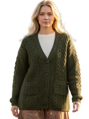 Aran Crafts XXL Olive Green Irish Cable Knit Button Coat Cardigan